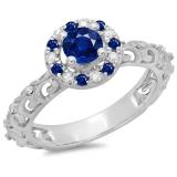0.80 Carat (ctw) 18K White Gold Round Cut Blue Sapphire & White Diamond Ladies Bridal Vintage Halo Style Engagement Ring 3/4 CT