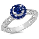 0.80 Carat (ctw) 18K White Gold Round Cut Blue Sapphire & White Diamond Ladies Bridal Vintage Halo Style Engagement Ring 3/4 CT