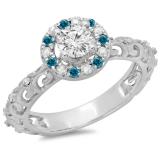 0.80 Carat (ctw) 14K White Gold Round Cut Blue & White Diamond Ladies Bridal Vintage Halo Style Engagement Ring 3/4 CT