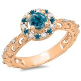 0.80 Carat (ctw) 14K Rose Gold Round Cut Blue & White Diamond Ladies Bridal Vintage Halo Style Engagement Ring 3/4 CT