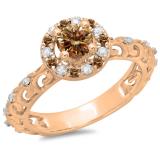 0.80 Carat (ctw) 18K Rose Gold Round Cut Champagne & White Diamond Ladies Bridal Vintage Halo Style Engagement Ring 3/4 CT