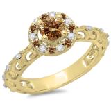 0.80 Carat (ctw) 18K Yellow Gold Round Cut Champagne & White Diamond Ladies Bridal Vintage Halo Style Engagement Ring 3/4 CT