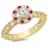 0.80 Carat (ctw) 10K Yellow Gold Round Cut Ruby & White Diamond Ladies Bridal Vintage Halo Style Engagement Ring 3/4 CT
