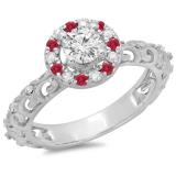 0.80 Carat (ctw) 14K White Gold Round Cut Ruby & White Diamond Ladies Bridal Vintage Halo Style Engagement Ring 3/4 CT