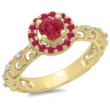 0.80 Carat (ctw) 10K Yellow Gold Round Cut Ruby & White Diamond Ladies Bridal Vintage Halo Style Engagement Ring 3/4 CT
