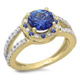 2.33 Carat (ctw) 18K Yellow Gold Round Blue Sapphire & White Diamond Ladies Bridal Split Shank Halo Style Engagement Ring