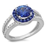 2.33 Carat (ctw) 18K White Gold Round Blue Sapphire & White Diamond Ladies Bridal Split Shank Halo Style Engagement Ring
