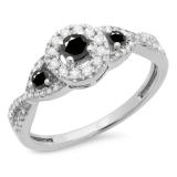 0.60 Carat (ctw) 10K White Gold Round Black & White Diamond Ladies 3 Stone Swirl Halo Style Vintage Bridal Engagement Ring
