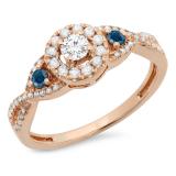 0.60 Carat (ctw) 14K Rose Gold Round Blue & White Diamond Ladies 3 Stone Swirl Halo Style Vintage Bridal Engagement Ring