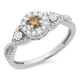 0.60 Carat (ctw) 18K White Gold Round Champagne & White Diamond Ladies 3 Stone Swirl Halo Style Vintage Bridal Engagement Ring