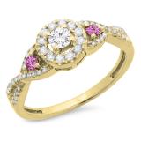 0.60 Carat (ctw) 10K Yellow Gold Round Pink Sapphire & White Diamond Ladies 3 Stone Swirl Halo Style Vintage Bridal Engagement Ring