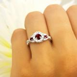 0.60 Carat (ctw) 14K White Gold Round Ruby & White Diamond Ladies 3 Stone Swirl Halo Style Vintage Bridal Engagement Ring