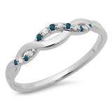 0.10 Carat (ctw) 10K White Gold Round Cut Blue & White Diamond Ladies Bridal Anniversary Wedding Band Stackable Swirl Ring