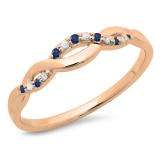 0.10 Carat (ctw) 10K Rose Gold Round Cut Blue Sapphire & White Diamond Ladies Bridal Anniversary Wedding Band Stackable Swirl Ring