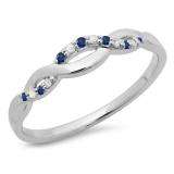 0.10 Carat (ctw) 18K White Gold Round Cut Blue Sapphire & White Diamond Ladies Bridal Anniversary Wedding Band Stackable Swirl Ring