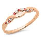0.10 Carat (ctw) 10K Rose Gold Round Cut Ruby & White Diamond Ladies Bridal Anniversary Wedding Band Stackable Swirl Ring
