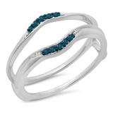0.10 Carat (ctw) 10K White Gold Round Blue Diamond Ladies Anniversary Wedding Band Guard Double Ring 1/10 CT