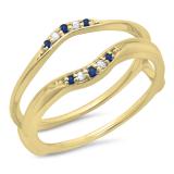 0.10 Carat (ctw) 10K Yellow Gold Round Blue Sapphire & White Diamond Ladies Anniversary Wedding Band Guard Double Ring 1/10 CT