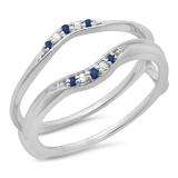 0.10 Carat (ctw) 18K White Gold Round Blue Sapphire & White Diamond Ladies Anniversary Wedding Band Guard Double Ring 1/10 CT