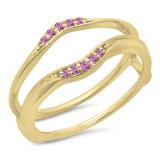 0.10 Carat (ctw) 10K Yellow Gold Round Pink Sapphire Ladies Anniversary Wedding Band Guard Double Ring 1/10 CT