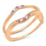 0.10 Carat (ctw) 10K Rose Gold Round Pink Sapphire & White Diamond Ladies Anniversary Wedding Band Guard Double Ring 1/10 CT