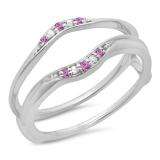 0.10 Carat (ctw) 10K White Gold Round Pink Sapphire & White Diamond Ladies Anniversary Wedding Band Guard Double Ring 1/10 CT