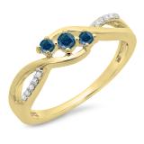 0.25 Carat (ctw) 10K Yellow Gold Round Blue & White Diamond Ladies 3 Stone Swirl Split Shank Engagement Promise Ring 1/4 CT
