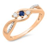0.25 Carat (ctw) 18K Rose Gold Round Blue Sapphire & White Diamond Ladies 3 Stone Swirl Split Shank Engagement Promise Ring 1/4 CT