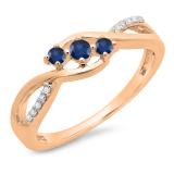 0.25 Carat (ctw) 14K Rose Gold Round Blue Sapphire & White Diamond Ladies 3 Stone Swirl Split Shank Engagement Promise Ring 1/4 CT
