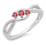 0.25 Carat (ctw) 10K White Gold Round Ruby & White Diamond Ladies 3 Stone Swirl Split Shank Engagement Promise Ring 1/4 CT