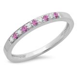 0.15 Carat (ctw) 10K White Gold Round Pink Sapphire & White Diamond Ladies Anniversary Wedding Band Stackable Ring