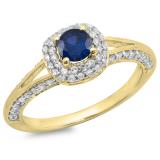 0.90 Carat (ctw) 10K Yellow Gold Round Cut Blue Sapphire & White Diamond Ladies Bridal Split Shank Halo Style Engagement Ring