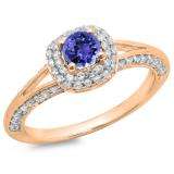 0.90 Carat (ctw) 10K Rose Gold Round Cut Tanzanite & White Diamond Ladies Bridal Split Shank Halo Style Engagement Ring