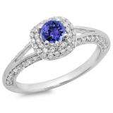 0.90 Carat (ctw) 14K White Gold Round Cut Tanzanite & White Diamond Ladies Bridal Split Shank Halo Style Engagement Ring
