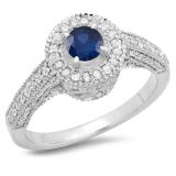 1.00 Carat (ctw) 14K White Gold Round Blue Sapphire & White Diamond Ladies Bridal Vintage Halo Style Engagement Ring 1 CT