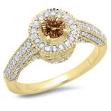 1.00 Carat (ctw) 10K Yellow Gold Round Champagne & White Diamond Ladies Bridal Vintage Halo Style Engagement Ring 1 CT