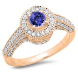 1.00 Carat (ctw) 10K Rose Gold Round Tanzanite & White Diamond Ladies Bridal Vintage Halo Style Engagement Ring 1 CT