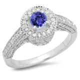 1.00 Carat (ctw) 10K White Gold Round Tanzanite & White Diamond Ladies Bridal Vintage Halo Style Engagement Ring 1 CT