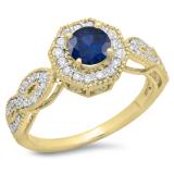 1.15 Carat (ctw) 10K Yellow Gold Round Cut Blue Sapphire & White Diamond Ladies Bridal Vintage Style Halo Engagement Ring