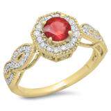 1.15 Carat (ctw) 10K Yellow Gold Round Cut Ruby & White Diamond Ladies Bridal Vintage Style Halo Engagement Ring