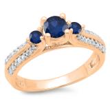 0.75 Carat (ctw) 14K Rose Gold Round Cut Blue Sapphire & White Diamond Ladies Bridal 3 Stone Engagement Ring 3/4 CT