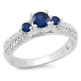 0.75 Carat (ctw) 14K White Gold Round Cut Blue Sapphire & White Diamond Ladies Bridal 3 Stone Engagement Ring 3/4 CT