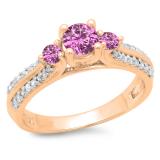 0.75 Carat (ctw) 14K Rose Gold Round Cut Pink Sapphire & White Diamond Ladies Bridal 3 Stone Engagement Ring 3/4 CT