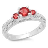 0.75 Carat (ctw) 10K White Gold Round Cut Ruby & White Diamond Ladies Bridal 3 Stone Engagement Ring 3/4 CT