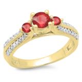 0.75 Carat (ctw) 10K Yellow Gold Round Cut Ruby & White Diamond Ladies Bridal 3 Stone Engagement Ring 3/4 CT