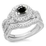 1.00 Carat (ctw) 14K White Gold Round Cut Black & White Diamond Ladies Swirl Bridal Halo Engagement Ring With Matching Band Set 1 CT