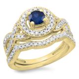 1.00 Carat (ctw) 10K Yellow Gold Round Cut Blue Sapphire & White Diamond Ladies Swirl Bridal Halo Engagement Ring With Matching Band Set 1 CT