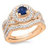 1.00 Carat (ctw) 14K Rose Gold Round Cut Blue Sapphire & White Diamond Ladies Swirl Bridal Halo Engagement Ring With Matching Band Set 1 CT