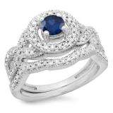 1.00 Carat (ctw) 14K White Gold Round Cut Blue Sapphire & White Diamond Ladies Swirl Bridal Halo Engagement Ring With Matching Band Set 1 CT
