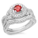 1.00 Carat (ctw) 10K White Gold Round Cut Ruby & White Diamond Ladies Swirl Bridal Halo Engagement Ring With Matching Band Set 1 CT